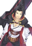  bandages black_hair black_pants blazblue blazblue:_chronophantasma cape eyebrows forked_eyebrows gurasion_(gurasion) kagura_mutsuki male_focus pants purple_eyes smile solo sword weapon 