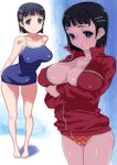  arms_behind_back bare_shoulders barefoot black_hair blue_swimsuit breast_hold breasts cleavage competition_school_swimsuit cowboy_shot hair_ornament hairclip hirose_(mokiki) jacket kirigaya_suguha large_breasts long_sleeves looking_at_viewer multiple_views no_bra no_pants one-piece_swimsuit panties partially_unzipped plaid plaid_panties shiny shiny_skin short_hair smile standing sweat sweatdrop swimsuit sword_art_online track_jacket underwear 