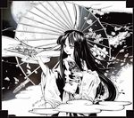  black_hair cherry_blossoms hellmary houraisan_kaguya japanese_clothes kimono long_hair monochrome moon oriental_umbrella solo touhou umbrella very_long_hair 