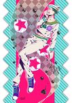  bad_id bad_pixiv_id cosplay diamond_wa_kudakenai dixie_cup_hat green_hair hat higashikata_jousuke_(jojolion) higashikata_jousuke_(jojolion)_(cosplay) highres jojo_no_kimyou_na_bouken jojolion kishibe_rohan lipstick makeup male_focus military_hat pen purple_lipstick sailor shoes sneakers solo uwabaki_(shoe_rack) 