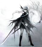  1girl alternate_costume belt black_dress boots bow buckle capelet covering_one_eye dress eyepatch full_body grey_hair hair_bow hitodama katana konpaku_youmu konpaku_youmu_(ghost) one_eye_covered pantyhose short_hair silver_hair simple_background solo spark621 sword touhou weapon white_eyes 