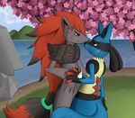  blossom clouds couple eye_contact hand_holding lucario mountain nintendo pok&eacute;mon reflection sea smile tree video_games water zeonart zoroark 