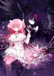  akemi_homura akuma_homura black_dress black_hair black_wings bow closed_eyes cuivre dress hair_bow hairband kaname_madoka long_hair mahou_shoujo_madoka_magica mahou_shoujo_madoka_magica_movie multiple_girls multiple_monochrome pink_hair red_bow sitting smile spoilers ultimate_madoka white_dress wings 