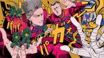  bad_company_(stand) belt brothers earrings harurie jacket jewelry jojo_no_kimyou_na_bouken multiple_boys nijimura_keichou nijimura_okuyasu polka_dot polka_dot_background red_eyes red_jacket siblings squatting stand_(jojo) the_hand_(stand) white_hair 