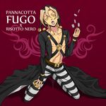  blonde_hair chocolate_lover cosplay hat jojo_no_kimyou_na_bouken male_focus mouth_hold pannacotta_fugo pants razor risotto_nero risotto_nero_(cosplay) solo striped striped_pants tongue tongue_out yellow_eyes 