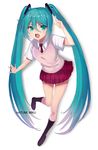  aqua_hair bad_id bad_pixiv_id character_name elizabeth_(erika123) green_eyes hatsune_miku highres kneehighs long_hair necktie open_mouth pointing school_uniform skirt solo sweater_vest twintails very_long_hair vocaloid white_background 