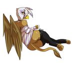  avante92 avian butt clothing cup female friendship_is_magic gilda_(mlp) gryphon legwear looking_at_viewer looking_back lying my_little_pony plain_background pussy rubber shirt solo stockings wings yellow_eyes 