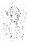  armpits arms_behind_head blush commentary_request dated eyelashes greyscale hair_ornament hairclip kagamine_rin looking_to_the_side midriff monochrome navel neckerchief poaro shirt short_hair signature simple_background sketch sleeveless sleeveless_shirt solo upper_body vocaloid white_background 