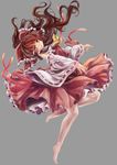  ascot barefoot brown_hair detached_sleeves frilled_skirt frills full_body grey_background hair_ribbon hair_tubes hakurei_reimu long_hair long_sleeves looking_at_viewer open_mouth outstretched_arms plantar_flexion ponytail red_eyes ribbon shirt simple_background skirt skirt_set solo standing standing_on_one_leg torino_akua touhou vest wide_sleeves 