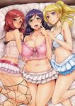  ankle_lace-up ass ayase_eli bare_shoulders bed bikini blonde_hair blush breasts camisole cleavage collarbone cross-laced_footwear frilled_bikini frilled_skirt frills from_above front-tie_top full-face_blush highres huge_breasts jewelry large_breasts long_hair looking_at_viewer love_live! love_live!_school_idol_project lying multiple_girls natsuiro_egao_de_1_2_jump! navel necklace nishikino_maki on_back on_side open_mouth plump ponytail purple_hair red_hair see-through shiny shiny_skin sian skindentation skirt smile strap_gap swimsuit thigh_gap thighs tongue toujou_nozomi 