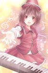 bad_id bad_pixiv_id brown_hair hat highres instrument keyboard_(instrument) kotonoman lyrica_prismriver musical_note open_mouth outstretched_hand red_eyes short_hair solo touhou 