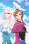  anna_(frozen) blue_eyes braid brown_hair cape collarbone dress elsa_(frozen) fengyoung frozen_(disney) highres lipstick long_hair makeup multiple_girls open_mouth ponytail princess queen siblings sisters smile snow twin_braids white_hair 