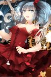  2014 aqua_eyes aqua_hair artist_name bad_id bad_pixiv_id bangs dated dress eighth_note gears hatsune_miku long_hair musical_note open_mouth petals red_dress revision shouen_kigashi skeleton solo strapless strapless_dress tears vocaloid 