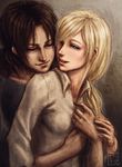  blonde_hair brown_hair christa_renz closed_eyes holding hug hug_from_behind lips multiple_girls open_mouth ponytail realistic shingeki_no_kyojin shirt smile touching trixia white_shirt ymir_(shingeki_no_kyojin) 