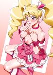  blonde_hair blush boots bow breast_suppress breasts breasts_outside choker cure_peach dress earrings eyelashes fresh_precure! hair_ornament hairpin heart heart_hair_ornament high_heels highres jewelry kijinaka_mahiro large_breasts long_hair looking_at_viewer magical_girl md5_mismatch momozono_love nipples open_mouth pink_bow pink_choker pink_dress pink_eyes pink_footwear precure ribbon shiny shiny_skin smile solo twintails undressing wrist_cuffs 