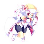  animal_ears bare_shoulders bike_shorts bow detached_sleeves hat hikanyan inubashiri_momiji long_sleeves one_eye_closed pink_eyes shirt silver_hair simple_background smile solo tail tongue tongue_out touhou white_legwear wide_sleeves wolf_ears wolf_tail 