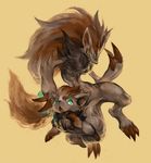  canine chest_tuft claws fox fur green_eyes grey_fur hair jeacn long_hair mammal multi-colored_hair nintendo open_mouth paws plain_background pok&#233;mon pok&eacute;mon tuft video_games yellow_background zoroark zorua 