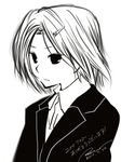  alternate_costume blurry business_suit commentary_request dated depth_of_field formal from_side greyscale hair_ornament hairclip kagamine_rin monochrome poaro short_hair signature simple_background solo suit translated upper_body vocaloid white_background 