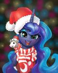  blue_fur blue_hair christmas equine eyeshadow female feral friendship_is_magic fur hair hat holidays horn horse karol_pawlinski long_hair looking_at_viewer makeup mammal marsupial my_little_pony open_mouth opossum pony princess_luna_(mlp) santa_hat santa_outfit scarf smile tiberius_(mlp) tongue two_tone_hair winged_unicorn wings 