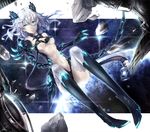  bad_id bad_pixiv_id black_legwear blue_eyes bodysuit boots breasts center_opening claws debris earth full_body glowing grey_hair halter_top halterneck highres knee_boots legs_up leotard looking_at_viewer lying medium_breasts midriff navel on_back original pokimari skinny stomach thighhighs underboob white_legwear 