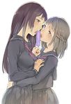  black_hair blush braid brown_eyes brown_hair food licking long_hair mikurou_(nayuta) multiple_girls open_mouth original popsicle school_uniform serafuku sexually_suggestive short_hair skirt sweat tongue tongue_out yuri 