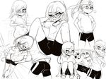  1boy androgynous annoyed ass bike_shorts blush bulge fang glasses hair_down hand_on_hips headband highres kamakachow long_hair monochrome multiple_views original ponytail shoes sitting sneakers soccer soccer_uniform solo sportswear standing trap undressing uniform wince 