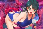  1girl ass bent_over blush breasts censored collarbone competition_swimsuit cum cum_on_ass green_eyes green_hair highres large_breasts monster one-piece_swimsuit open_mouth original pool restrained short_hair solo swimsuit tentacle torn_clothes torn_swimsuit wacchi 