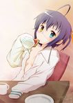  blue_hair chuunibyou_demo_koi_ga_shitai! dress_shirt eating eyepatch food heterochromia naked_shirt one_side_up rainydayjp see-through shirt short_hair sleeves_past_wrists takanashi_rikka toast 