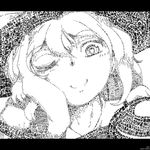  closed_mouth greyscale hand_on_own_cheek hand_on_own_face hat komeiji_koishi letterboxed micrography monochrome one_eye_closed oso_(toolate) partially_translated portrait short_hair smile solo sun_hat text_focus third_eye touhou translation_request wall_of_text 