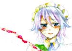  blue_eyes braid highres izayoi_sakuya legomaru maid short_hair silver_hair solo tears touhou traditional_media twin_braids watercolor_(medium) 