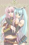  aqua_hair bad_id bad_pixiv_id detached_sleeves hatsune_miku hug long_hair marimon megurine_luka multiple_girls navel skirt twintails very_long_hair vocaloid 