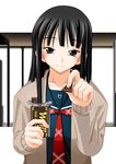  black_eyes black_hair chocolate chocolate_bar copyright_request keito long_hair meiji_(brand) meiji_milk_chocolate school_uniform smile solo 