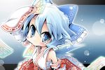 alternate_costume bare_shoulders blue_bow blue_eyes blue_hair blush bow cirno cosplay detached_sleeves frilled_bow frilled_skirt frills hair_bow hakurei_reimu hakurei_reimu_(cosplay) ham_(points) japanese_clothes mouth_hold ofuda short_hair skirt sleeves_past_wrists solo touhou 