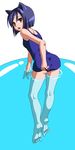  animal_ears arcana_heart bad_id bad_pixiv_id barefoot blue_hair cat_ears daidouji_kira feet highres legs one-piece_swimsuit orochi_itto school_swimsuit short_hair slime solo swimsuit 