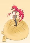  bad_id bad_pixiv_id bread food highres in_food long_hair melon_bread minigirl red_eyes red_hair school_uniform shakugan_no_shana shana solo sword thighhighs weapon yuzaha 