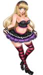  1girl black_footwear blonde_hair blue_eyes breasts curvy frills high_heels large_breasts lili_(tekken) long_hair midriff shoes skirt solo striped striped_legwear tekken thighhighs 