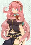  bad_id bad_pixiv_id blue_eyes breasts dadami headphones large_breasts living_hair long_hair megurine_luka pink_hair polka_dot polka_dot_background solo takoluka tentacle_hair tentacles thighhighs very_long_hair vocaloid 