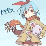  artist_request blue_hair bunny jacket lowres oekaki original pleinair pointy_ears red_eyes ribbon scarf short_hair solo stuffed_animal stuffed_bunny stuffed_toy translated usagi-san 