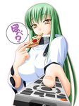  breasts c.c. code_geass controller eating food foreshortening green_hair holding_pizza keito large_breasts long_hair pizza remote_control simple_background slice_of_pizza solo speech_bubble translation_request very_long_hair white_background yellow_eyes 