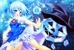  bad_anatomy bloomers blue_eyes blue_hair bow cirno dress fukuda_shuushi hair_bow hat ice short_hair solo touhou underwear wings witch_hat 