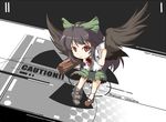  arm_cannon black_hair black_wings brooch chibi from_above fujy gem green_skirt jewelry looking_at_viewer looking_up red_eyes reiuji_utsuho skirt solo standing touhou weapon wings 