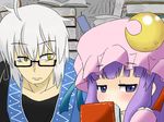  1girl bangs blunt_bangs blush book covering_mouth glasses jitome looking_away morichika_rinnosuke patchouli_knowledge purple_eyes purple_hair sag_(karehabase) short_hair shy touhou white_hair yellow_eyes 