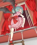  bat_wings blue_hair bow child curtains fang from_below hat ladder large_bow looking_back moon ohyo red_eyes red_moon remilia_scarlet ribbon smirk solo touhou window wings 