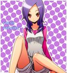  fresh_precure! higashi_setsuna long_hair panties pantyshot polka_dot polka_dot_background precure purple_hair red_eyes shirono shorts sitting solo striped striped_panties underwear 