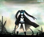  belt bikini_top black_hair black_rock_shooter black_rock_shooter_(character) blue_eyes boots burning_eye chain long_hair midriff mizusawa_hikaru navel shorts solo twintails 