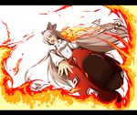  dutch_angle fire flame from_below fujiwara_no_mokou fujy long_hair long_sleeves ofuda pants red_eyes shirt simple_background solo suspenders touhou very_long_hair white_background white_shirt 