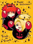  akatsuki_(naruto) akatsuki_uniform bad_id bad_pixiv_id deidara halloween happy_halloween horns jack-o'-lantern male_focus multiple_boys naruto naruto_(series) naruto_shippuuden ninja pumpkin sasori smile trick_or_treat xepher00 yellow_background 