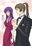  1girl bad_id bad_pixiv_id billy_katagiri brown_hair crossdressing dress drink drinking formal glasses gundam gundam_00 honeycat long_hair necktie otoko_no_ko purple_hair red_eyes thighhighs tieria_erde tuxedo wristband 