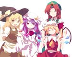  bad_id bad_pixiv_id blonde_hair braid china_dress chinese_clothes dress flandre_scarlet hacchi hat hong_meiling kirisame_marisa long_hair multiple_girls patchouli_knowledge purple_eyes purple_hair red_eyes red_hair ribbon short_hair touhou witch_hat yellow_eyes 