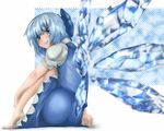  arugeri back bangs barefoot blue_eyes blue_hair bob_cut cirno feet hands_on_feet ice looking_back sitting smile solo touhou wings 